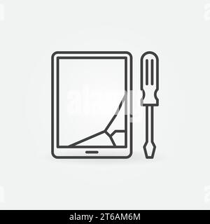 Tablet con l'icona del contorno dello schermo incrinato o rotto. Segnale di linea Vector Device Repair Concept Illustrazione Vettoriale