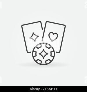 Due carte da poker con chip vettoriale delineano l'icona del concetto o l'elemento di design Illustrazione Vettoriale