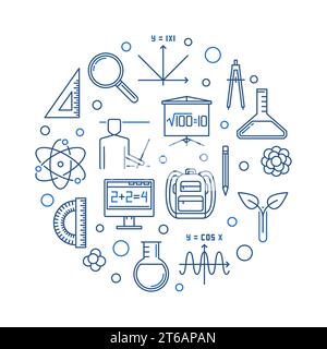 Concetto vettoriale scolastico ed educativo illustrazione lineare rotonda blu su sfondo bianco Illustrazione Vettoriale
