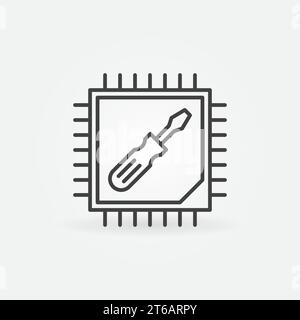 Icona del processore del computer con la linea del cacciavite. Simbolo del concetto di riparazione CPU vettoriale Illustrazione Vettoriale