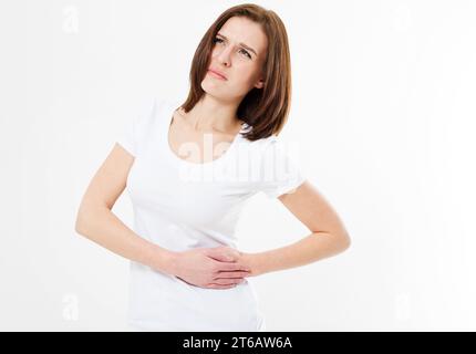 Giovane donna che si tocca il lato sinistro nel dolore. Infiammazione renale e terapia. Medicina e concetto di assistenza sanitaria.donna sofferente Foto Stock