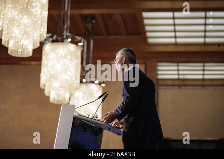 Jens Stoltenberg, Generalsekretaer der NATO, aufgenommen im Rahmen seiner Rede bei der Eroeffnung der NATO Cyberkonferenz im Auswaertigen AMT a Berlino, 09.11.2023. Berlin Deutschland *** Jens Stoltenberg, Segretario generale della NATO, registrato durante il suo discorso all'apertura della NATO Cyber Conference presso il Federal Foreign Office di Berlino, 09 11 2023 Berlino Germania Copyright: XJaninexSchmitz/photothek.dex Credit: Imago/Alamy Live News Foto Stock