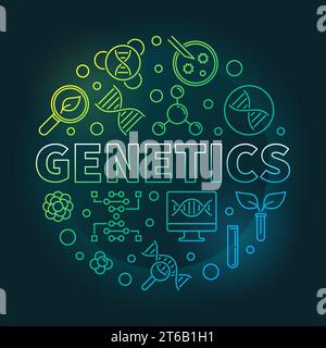Illustrazione colorata circolare del vettore genetica realizzata con icone genetiche e lineari del DNA su sfondo scuro Illustrazione Vettoriale