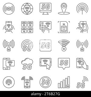 Set di icone di contorno 5G. Simboli del concetto di tecnologia di rete cellulare Vector di quinta generazione in stile thin line Illustrazione Vettoriale