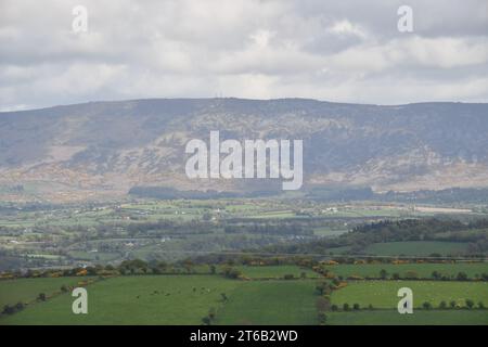 Vista sulla valle e sulla catena montuosa Blackstairs Foto Stock