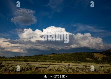 WY05763-00...WYOMING - nuvole che si formano sopra la prateria nell'area storica di Cunningham Cabin nel Grand Teton National Park. Foto Stock