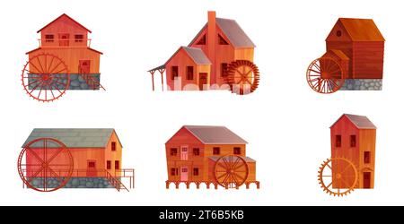 Illustrazione vettoriale per mulini ad acqua. Cartone animato isolate case d'epoca olandesi con ruota ad acqua, vecchie costruzioni per macinare il grano in farina per panificio utilizzando l'energia dell'acqua del fiume in caduta, edifici in legno Illustrazione Vettoriale