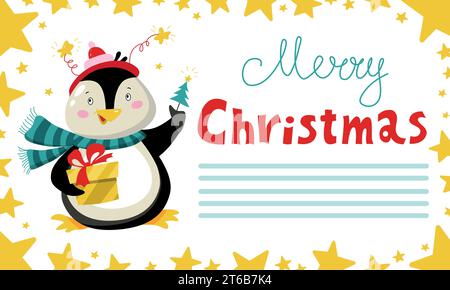Buon Natale e felice anno nuovo con un pinguino carino. Biglietto d'auguri con un simpatico animale. Animale in costume invernale e personaggio cartoni animati regalo giallo. Illustrazione Vettoriale