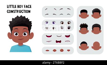 Black Cartoon Boy Face Construction, creatore di avatar per bambini con peli afro, occhi e bocca Premium Vector Illustrazione Vettoriale