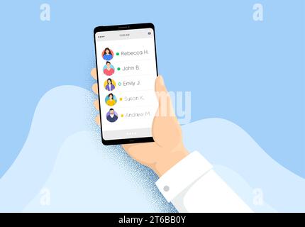 Mano che regge il telefono con l'elenco dei contatti. Smartphone con amici online. Caratteri delle persone sullo schermo del cellulare. Vettore Illustrazione Vettoriale