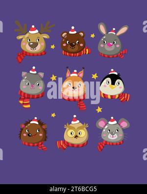 Adesivi con animali natalizi. Set di clipart di Capodanno disegnato a mano - orso, topo, coniglio, vacanza, scoiattolo, cervo, pinguino. Illustrazione Vettoriale