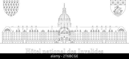 Hotel des invalides, disegno vettoriale, silhouette, luogo turistico di Parigi, Francia, illustrazione vettoriale con linea nera su sfondo bianco Illustrazione Vettoriale