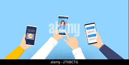 Messaggi di chat telefonica. Notifica SMS sul telefono cellulare. Bolle vocali sullo schermo del cellulare. Vettore Illustrazione Vettoriale