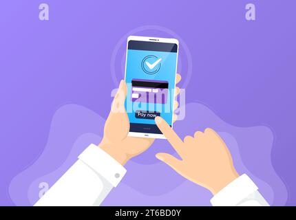 Paga con carta di credito dal telefono. App mobile mobile banking. Pagamento elettronico online con carta di credito. Mano con lo smartphone. Vettore Illustrazione Vettoriale