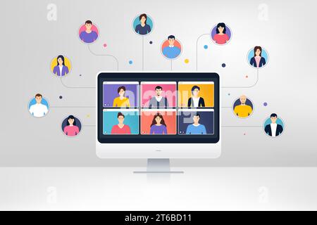 Lavoro di squadra a distanza da casa. Schermata di videoconferenza virtuale. Apprendimento a domicilio online. Vettore Illustrazione Vettoriale
