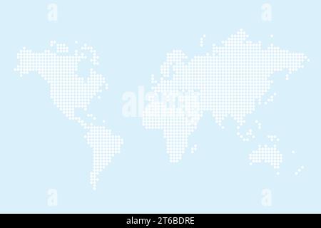 Punti della mappa mondiale. Grafica astratta della mappa del mondo stile punteggiato. Bianco su blu. Illustrazione Vettoriale