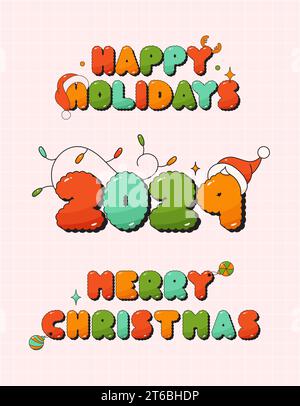 Buon Natale con gli adesivi con le frasi Noel. Illustrazione Vettoriale