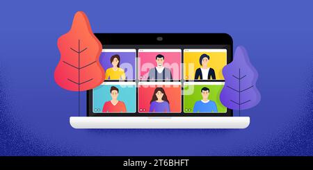 Computer portatile per videochiamate in conferenza. Gestione remota dei progetti online. Lavorare da casa. Vettore Illustrazione Vettoriale