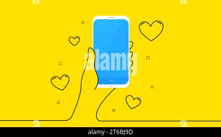 Mano che tiene il telefono con il cuore dell'amore. Schermo dello smartphone su sfondo giallo. Vettore Illustrazione Vettoriale