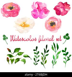 Splendido set floreale di acquerello naturale disegnato a mano con fiori rosa, bianchi e viola, foglie e brunch, isolato su sfondo bianco. Vettore Illustrazione Vettoriale