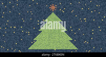 Albero di Natale verde pixellato nella nevicata, composto da pixel colorati su sfondo mosaico blu scuro, Stella rossa in alto - multiuso Illustrazione Vettoriale