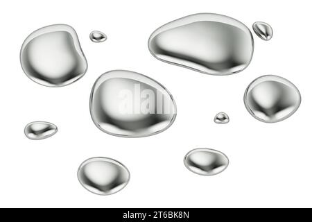 Gocce di mercurio o gocce metalliche, rendering 3D isolato su sfondo bianco Foto Stock