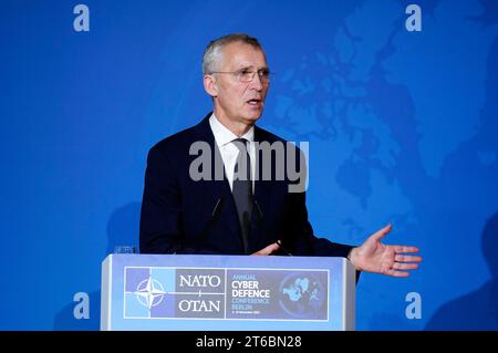 Jens Stoltenberg bei der NATO Cyber Defence Konferenz im Auswärtigen AMT. Berlino, 09.11.2023 Foto Stock