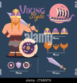 Simpatico personaggio maschile vichingo con armi e caschi Vector Illustrazione Vettoriale