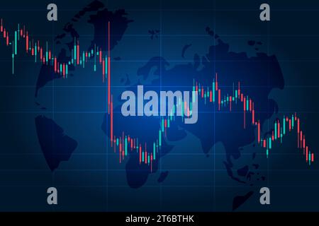 Grafico a candela. Schema di negoziazione degli investimenti in borsa su sfondo blu. Tendenze economiche sulla mappa mondiale. Dati finanziari. Concetto di trading Illustrazione Vettoriale