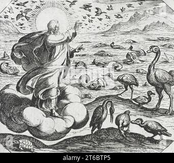 Dio crea gli uccelli e il pesce, c1600. Dalla creazione del mondo. Foto Stock