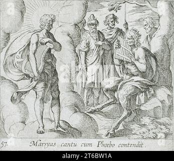 Marsyas Playing the Pipes Before Apollo, pubblicato nel 1606. Dalle Metamorfosi di Ovidio, PL. 57. Foto Stock