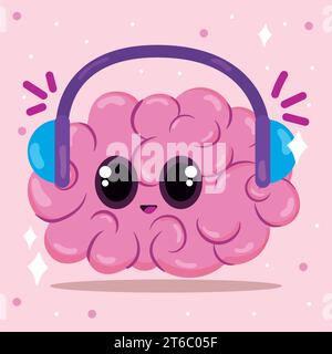 Simpatico personaggio dei cartoni animati Brain con cuffie Vector Illustrazione Vettoriale