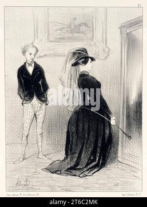 C'est singulier... il ne me vient plus d'id&#xe9;es maintenant..., 1844. C'est singulier...il ne me vient Plus d'id&#xe9;es maintenant que lorsque je suis au bois de Boulogne et que je trotte avec M. Edouard!.../Quelles id&#xe9;es peuvent donc venir &#xe0; ma femme, quand elle trotte avec M. edouard?...ceci m'intrigue...je suelle fexeeit; &#9; qu'elle rest&#xe2;t simplement &#xe0; cheval sur la vertu!... (Moglie: È strano...ho buone idee solo quando sono al Bois de Boulogne, a cavallo con il signor Edouard!...marito: Che idee Foto Stock