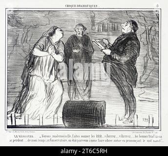 Le R&#xe9;gisseur. Voyons, mademoiselle, faites sonner les RRR..., 1856. Le R&#xe9;gisseur - "Voyons, mademoiselle, faites sonner les RRR...vibrrrez...vibrrrez...les Bons Traditions se perdent...de mon temps, au Conservatoire, ON &#xe9;tait parvenu &#xe0; nous faire vibrer, m&#xea;me en pronon&#xe7;ant le mot navet!". Il direttore - 'Vieni, mademoiselle, fai suonare il RRR... vibrare... vibrare... le grandi tradizioni sono lost...in mio tempo, al Conservatorio, sono riusciti a farci vibrare, anche pronunciando la parola Swede!...'. Dai drammatici Croquis, no 5. Foto Stock