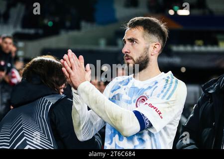 Londra, Regno Unito. 9 novembre 2023. Kostas Fortounis dell'Olympiakos dopo il fischio finale durante la partita di West Ham United FC vs Olympiakos FC UEFA Europa League gruppo A allo Stadio di Londra, Inghilterra, Regno Unito il 9 novembre 2023 credito: Every Second Media/Alamy Live News Foto Stock