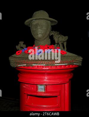 Post Box, Morriston Road, Elgin, Moray, Regno Unito. 9 novembre 2023. Si tratta di una copertina a maglia/uncinetto per ricordare soldati, cavalli, cani e altri animali perduti durante le guerre. Crediti: JASPERIMAGE/Alamy Live News Foto Stock