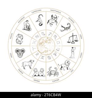 Ruota zodiacale con costellazioni e astrologiche Illustrazione Vettoriale