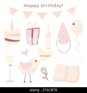Scarabocchio di compleanno Kawaii in una tavolozza pastello, simpatici adesivi vettoriali di colore rosa e giallo chiaro, elementi per una cartolina Illustrazione Vettoriale