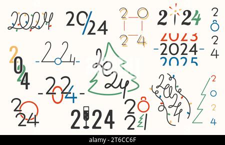 Design del testo del logo del nuovo anno 2024. Set di 2024 numeri Illustrazione Vettoriale