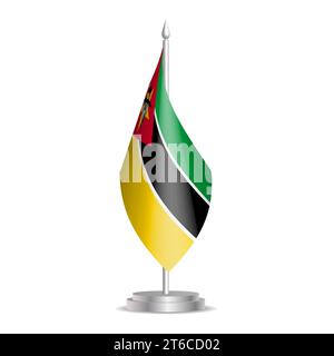 Bandiera del Mozambico - bandiera mini 3D appesa all'asta da tavolo. Utilizzabile per riunioni o conferenze. Illustrazione vettoriale con ombreggiatura. Illustrazione Vettoriale