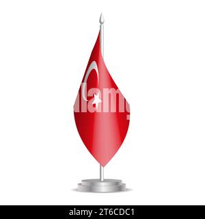 Bandiera Turchia - mini bandiera 3D appesa all'asta per bandiera da tavolo. Utilizzabile per riunioni o conferenze. Illustrazione vettoriale con ombreggiatura. Illustrazione Vettoriale