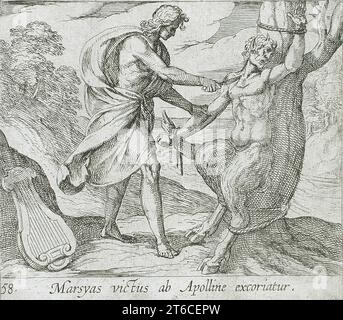 Apollo Killing Marsyas, pubblicato nel 1606. Dalle Metamorfosi di Ovidio, PL. 58. Foto Stock