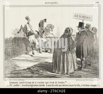 Comment savoir le nom de ce cavalier qui vient de tomber?..1857. Periodico: Le Charivari, martedì, 21 aprile 1857.come conoscere il nome di quel cavaliere che è appena caduto?. Foto Stock