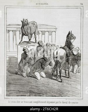 Le veau d'Or se trouvant compl&#xea;tement d&#xe9;gomm&#xe9; par le cheval de Course, 1864. Serie: Actualit&#xe9;s; periodico: Le Charivari, 25 giugno 1864.il vitello d'oro viene completamente massacrato dal cavallo da corsa. Foto Stock