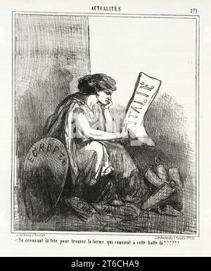 Italie -Europe se Creusant la t&#xea;te pour trouver la forme qui Convient a cette botte l&#xe0;??, 1867. Serie: Actualit&#xe9;s; periodico: Le Charivari, sabato, 21 dicembre 1867.l'Europa si prepara a trovare la forma giusta per quella scarpa?? È un cartone animato politico del caricaturista francese AM&#xe9;d&#xe9;e de No&#xe9;, meglio conosciuto come Cham, pubblicato nel 1867. Il cartone raffigura l'Italia come stivale e l'Europa come un gruppo di persone che cercano di trovare la forma giusta per esso. La frase viene spesso usata per descrivere una situazione in cui le persone lottano per trovare una soluzione o una risposta a un problema. Foto Stock