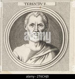 Terence, commedia africana romana, 195-159 a.C. circa. Publius Terentius AFER, nato a Cartagine, il primo poeta africano in latino durante la Repubblica Romana. Terentius. Incisione su lastra di rame dopo un'illustrazione di Joachim von Sandrart dalla sua LAcademia Todesca, della Architectura, Scultura & Pittura, oder Teutsche Academie, der Edlen Bau- Bild- und Mahlerey-Kunste, Accademia tedesca di architettura, scultura e pittura, Jacob von Sandrart, Norimberga, 1675. Foto Stock