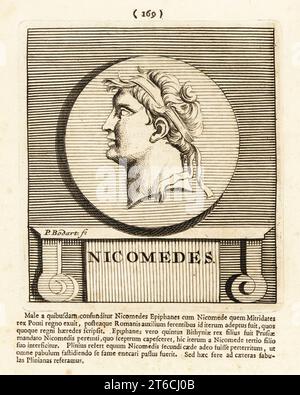 Nicomede II Epifane, re di Bitinia dal 149 al 127 a.C. circa. Figlio e successore di Prusia II e Apame IV Nikomedes II Incisione su lastra di rame di Pieter Bodart (1676-1712) da Henricus Spoors Deorum et Heroum, Virorum et Mulierum Illustrium Imagines Antiquae Illustatae, Gods and Heroes, Men and Women, Illustrated with Antique Images, Petrum, Amsterdam, 1715. Pubblicato per la prima volta come Favissæ utriusque antiquitatis tam Romanæ quam Græcæ nel 1707. Henricus Spoor era un medico olandese, studioso classico, poeta e scrittore, fl. 1694-1716. Foto Stock