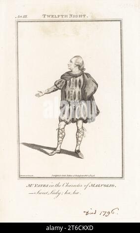 Yates nel personaggio di Malvolio nella dodicesima notte di William Shakespeare, Drury Lane Theatre, 7 gennaio 1751. In camice corto, collare di ruff, doppietto a taglio e tubo flessibile. Richard Yates, c.1706-1796, attore comico inglese. Incisione su copperplate dopo un ritratto di James Roberts dell'edizione di John Bell di Shakespeare, Londra, 14th febbraio 1776. Foto Stock