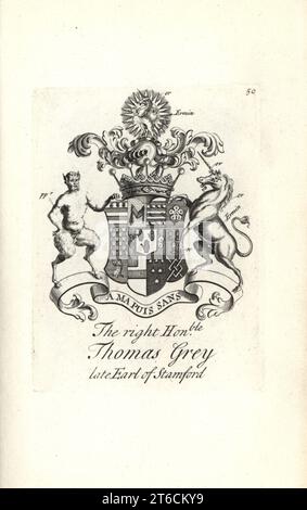 Stemma e stemma della destra onorevole Thomas Gray, 2nd Conte di Stamford, 1654-1720. Incisione copperplate di Andrew Johnston dopo C. Gardiner da Notitia Anglicana, Che Spiega I Loro Successi di tutta La Nobiltà inglese, Andrew Johnson, The Strand, Londra, 1724. Foto Stock