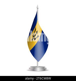 Bandiera Barbados - bandiera 3D mini appesa all'asta da tavolo. Utilizzabile per riunioni o conferenze. Illustrazione vettoriale con ombreggiatura. Illustrazione Vettoriale